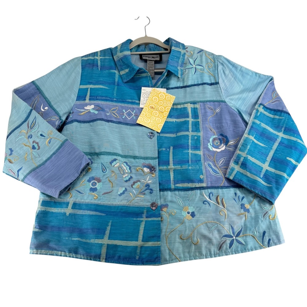 Indigo Moon Floral Patchwork Embroidered Jacket Womens Plus 1X Blue Artsy Boho